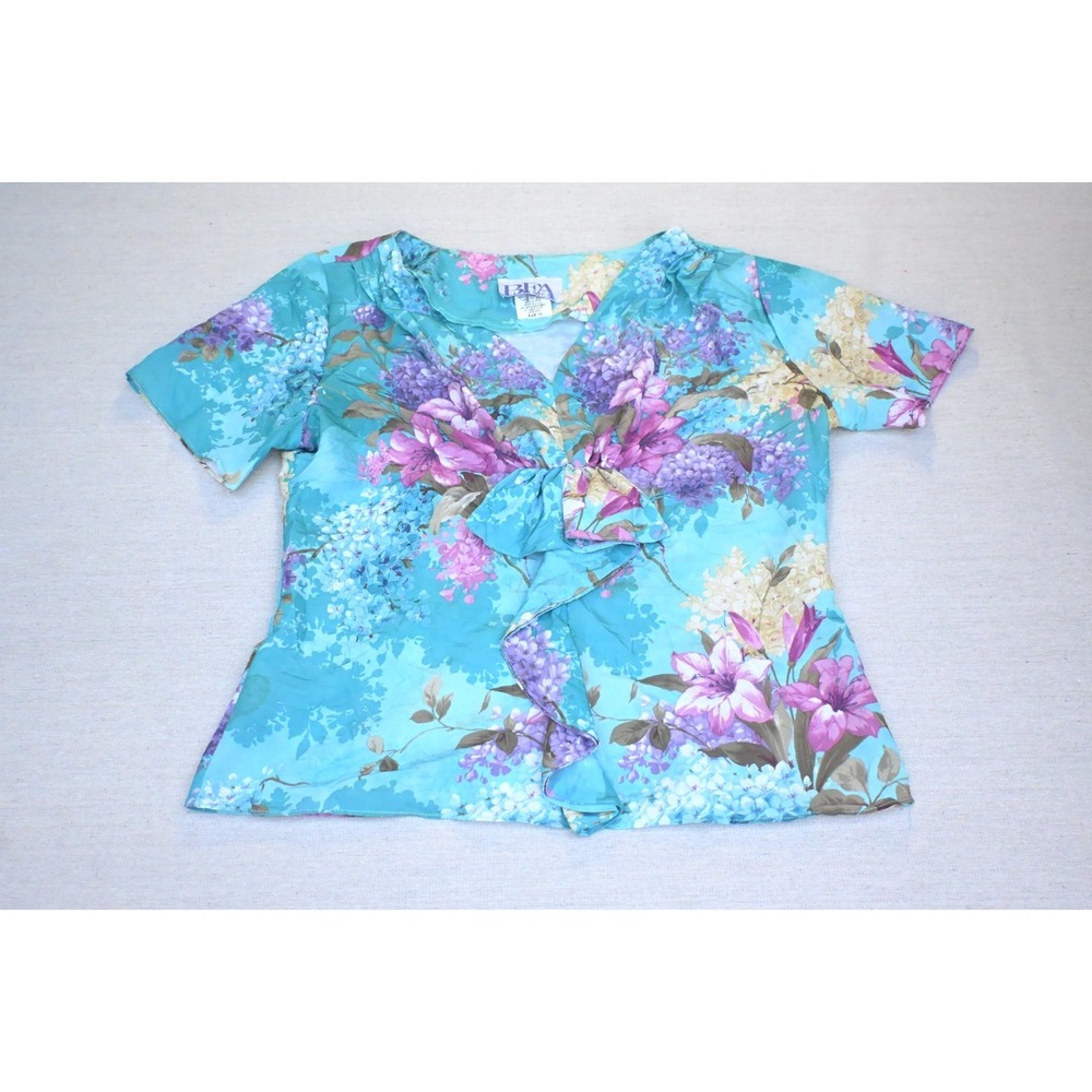 Vintage 90s BFA Classics Womens 10 Turquoise Floral Surplice Blouse Flowing